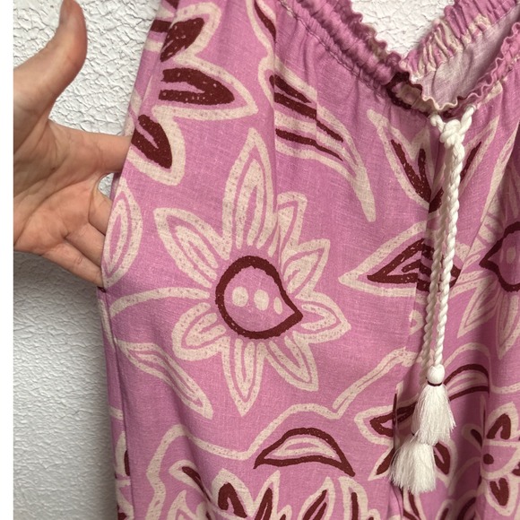 Celandine Pink Floral Woodblock Print Wide Leg Linen Blend Pants Small Boho - Picture 8 of 8